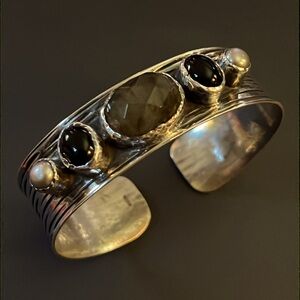 Sterling cuff bracelet with gemstone and pearl cabochons